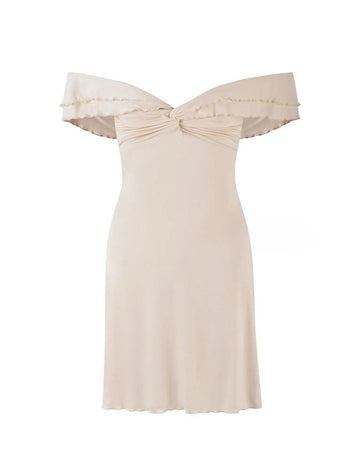 Sexy One-Word Hanging Shoulder-Wielt Tective Dress Spring And Summer Twinning Lotus Side Sleeves And Hips Mini Short Skirt